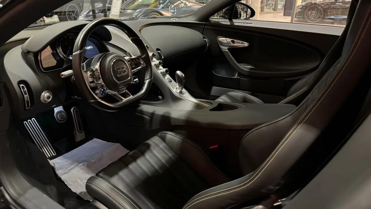 Bugatti Chiron 110 Ani 2019, interior — Cannes Lux Car Rental, Cannes. Croisette sunrise runs before La Napoule traffic builds