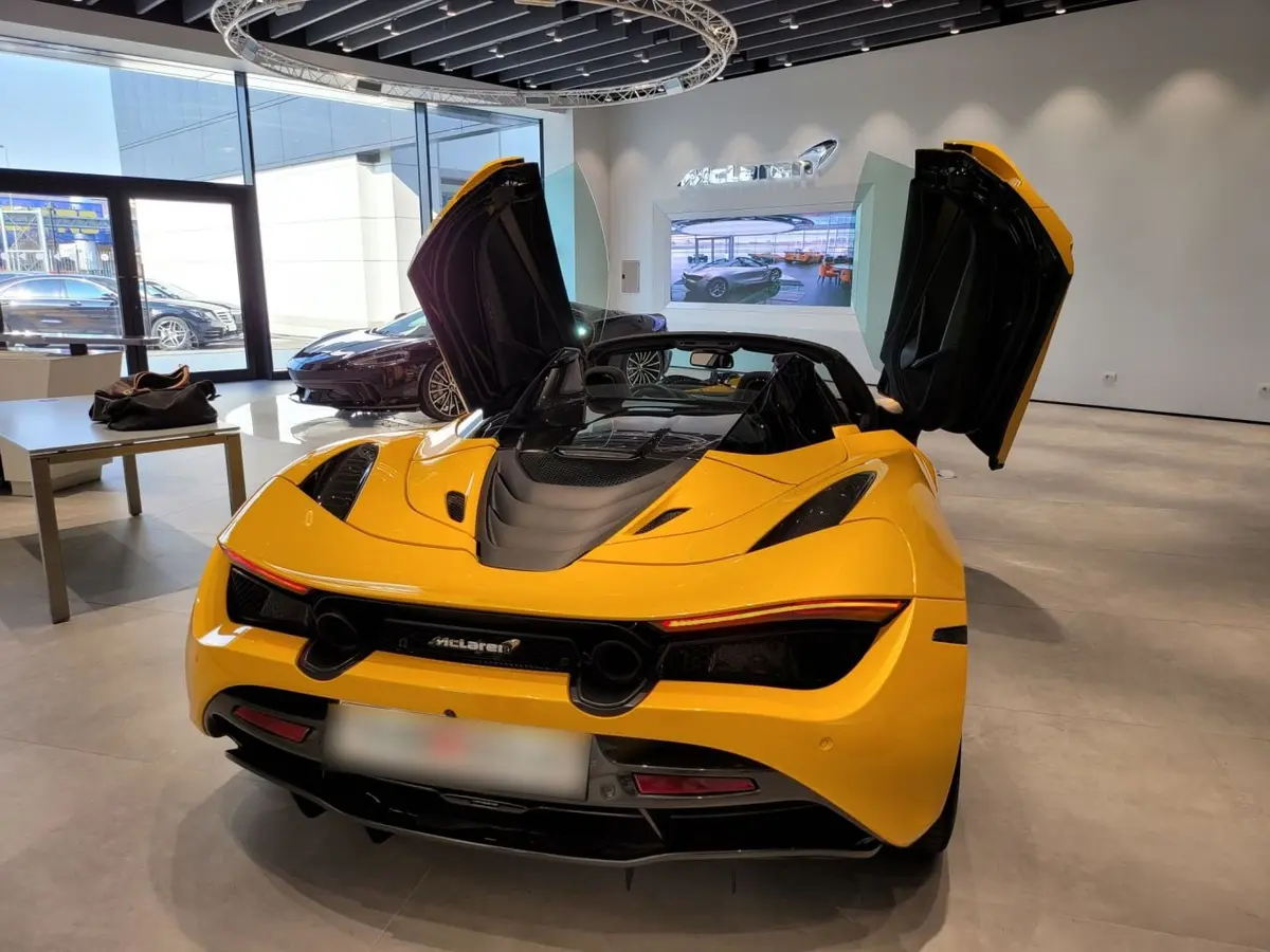 McLaren 720S Spider 2022, interior — Cannes Lux Car Rental, Cannes. Open-top through Mougins toward Grasse hilltop light