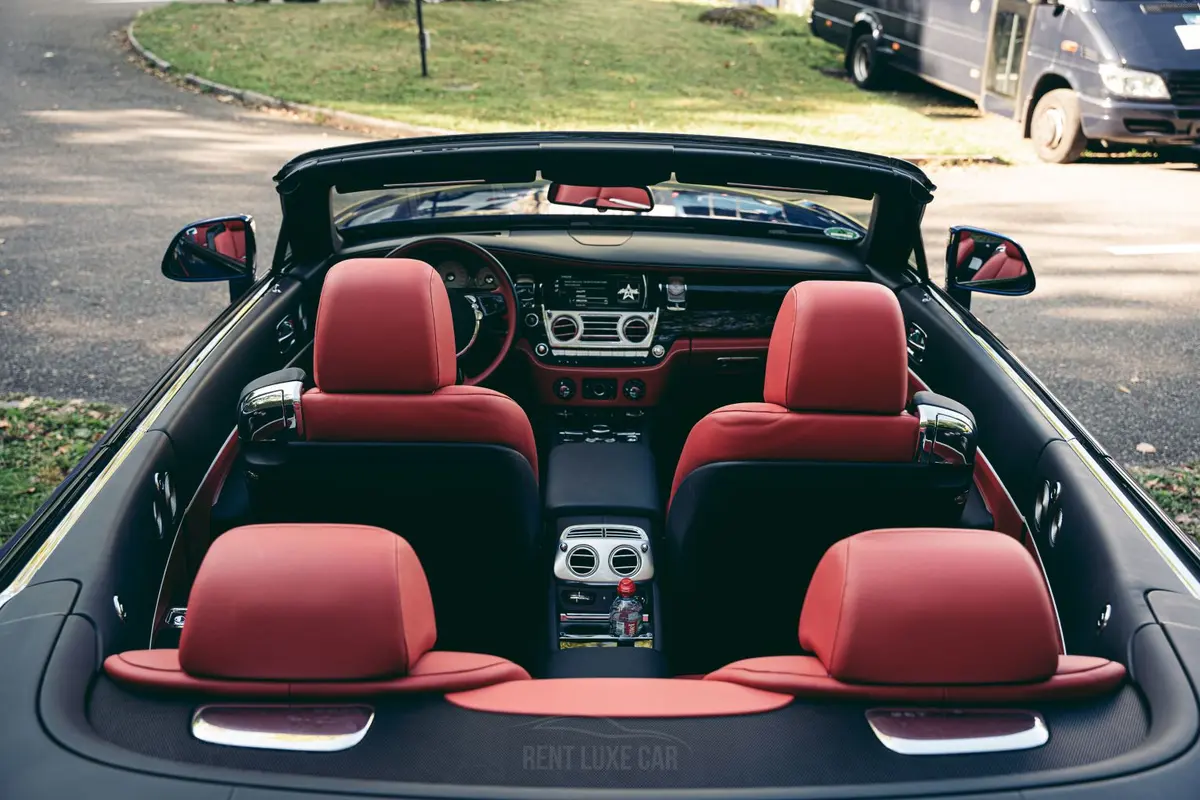 Rolls-Royce Dawn 2022, dashboard — Cannes Lux Car Rental, Cannes. Top down along the Croisette at sunset